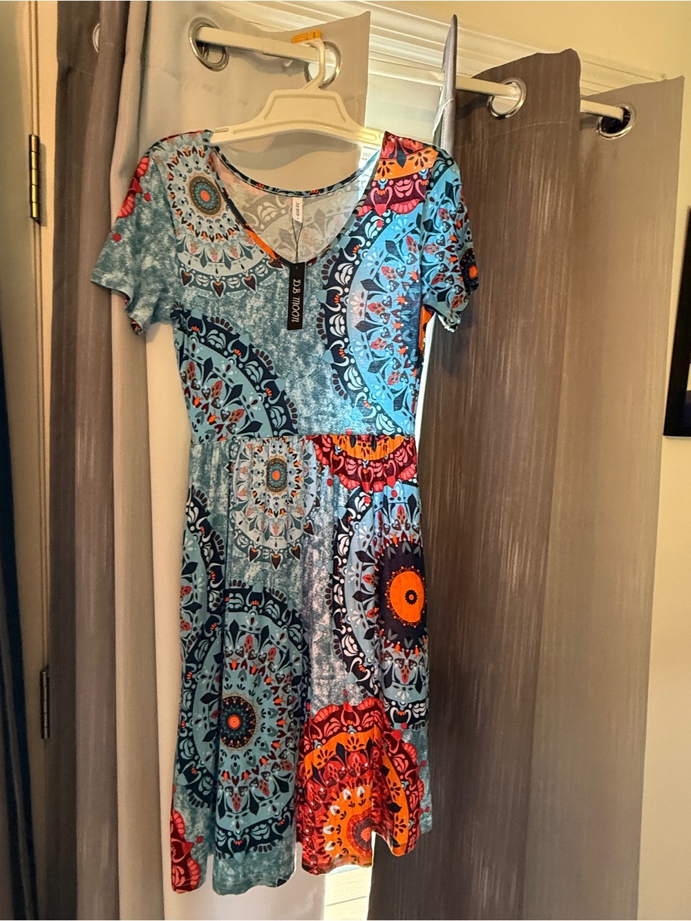 Short Sleeve Boho Medallion Dress in Teal & Orange